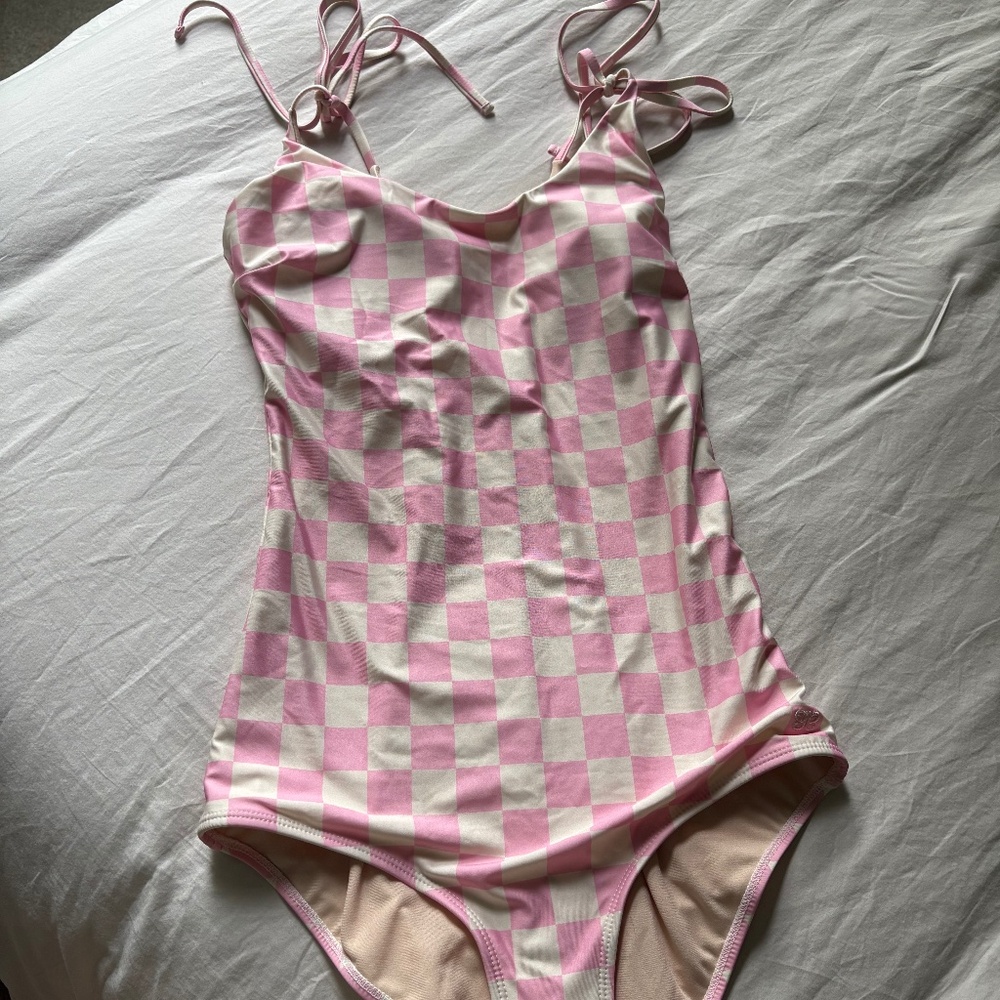 Pink Check One-Piece Swimsuit with Tie Straps